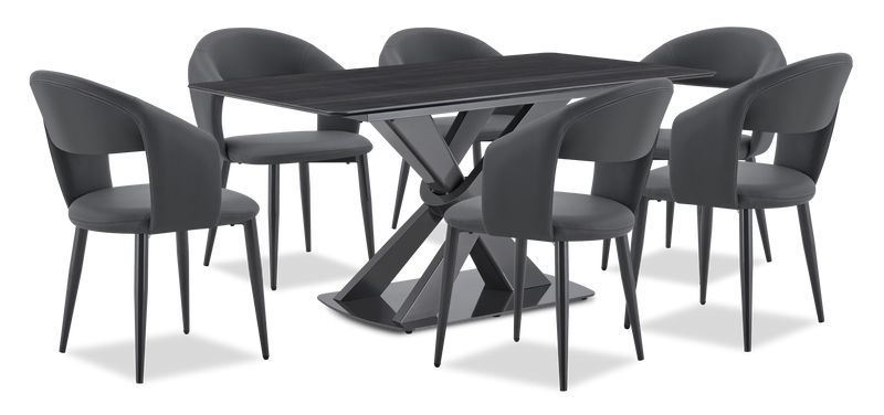 Ensemble de salle à manger Orion 7 pièces en métal avec table de 63 po (L), dessus en pierre synthétique et 6 chaises - noir et gris