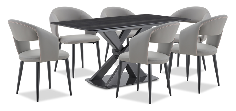 Ensemble de salle à manger Orion 7 pièces en métal avec table de 63 po (L), dessus en pierre synthétique et 6 chaises - noir et gris