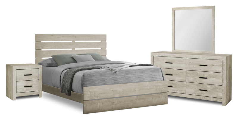 Ensemble de chambre à coucher Soren 6 pièces avec lit à panneaux à lattes, commode, miroir et table de nuit, chêne blanchi - format grand lit