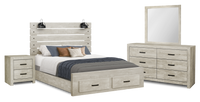 Ensemble de chambre à coucher Soren 6 pièces avec lit de rangement, commode, miroir, table de nuit et éclairage à DEL , chêne blanchi - grand lit