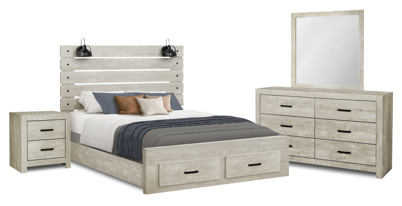 Ensemble de chambre à coucher Soren 6 pièces avec lit de rangement, commode, miroir, table de nuit et éclairage à DEL , chêne blanchi - grand lit