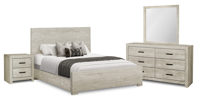 Ensemble de chambre à coucher Soren 6 pièces avec lit à panneaux, commode, miroir et table de nuit, chêne blanchi - format grand lit