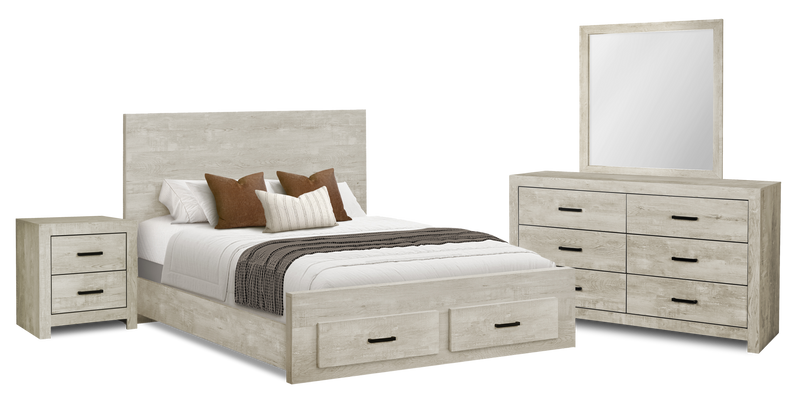 Ensemble de chambre à coucher Soren 6 pièces avec lit de rangement, commode, miroir et table de nuit, chêne blanchi - format grand lit
