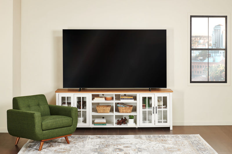 Meuble pour téléviseur moderne Sterling de 95.83 po avec rangement et système de gestion des câbles pour téléviseurs jusqu’à 100 po - brun et blanc