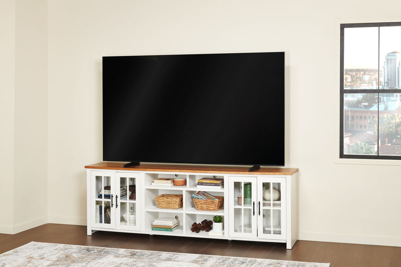 Meuble pour téléviseur moderne Sterling de 95.83 po avec rangement et système de gestion des câbles pour téléviseurs jusqu’à 100 po - brun et blanc