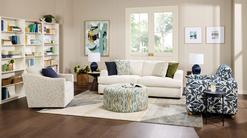 Pouf courbé personnalisable de Sofa Lab de 38 po fabriqué au Canada en tissu - tissu décoratif Capri 