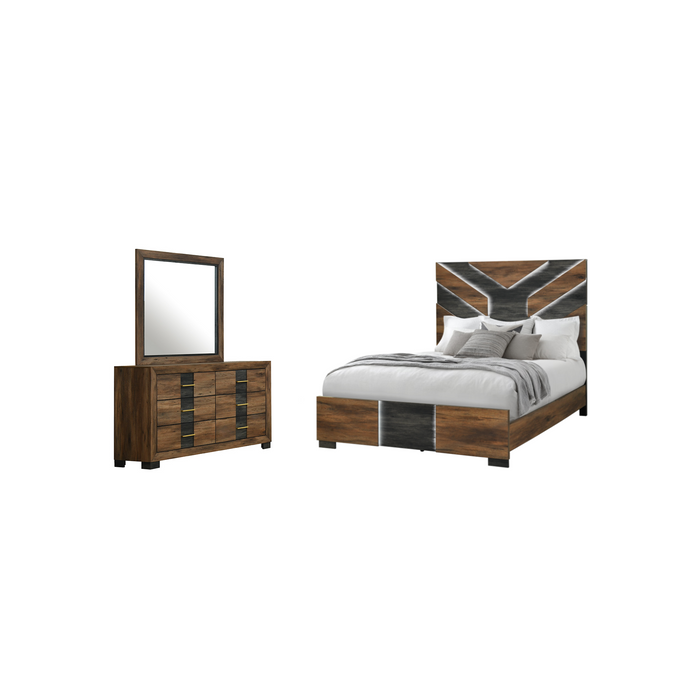 Ensemble de chambre à coucher moderne Titanium brun 5 pièces avec lit, commode, miroir et éclairage à DEL - format grand lit