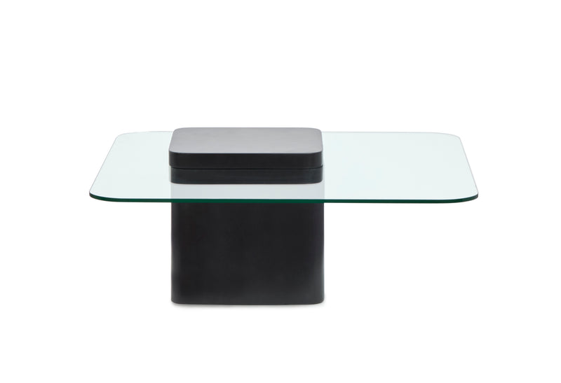 Table à café contemporaine Trevor de 35,43 po avec dessus en verre et base en béton - obsidienne