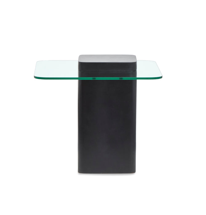 Table de bout contemporaine Trevor de 21,65 po avec dessus en verre et base en béton - obsidienne
