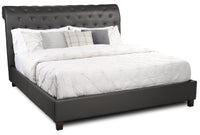 Lit plateforme rembourré Tulsa en tissu de cuir végétalien gris avec capitonnage à boutons - format très grand lit