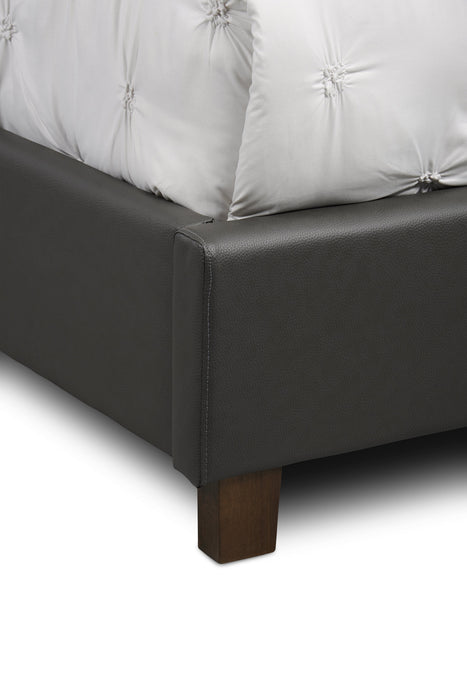 Lit plateforme rembourré Tulsa en tissu de cuir végétalien gris avec capitonnage à boutons - format très grand lit