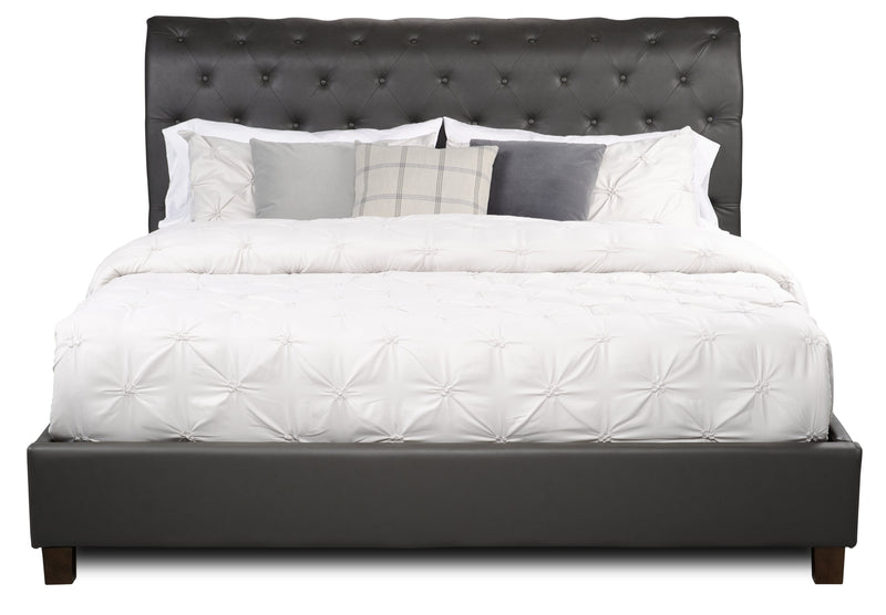 Lit plateforme rembourré Tulsa en tissu de cuir végétalien gris avec capitonnage à boutons - format très grand lit