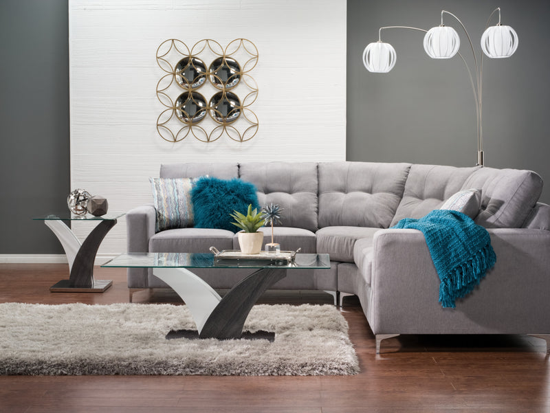 Table à café moderne Tuxedo de 48 po avec dessus en verre - blanche et grise avec base en métal