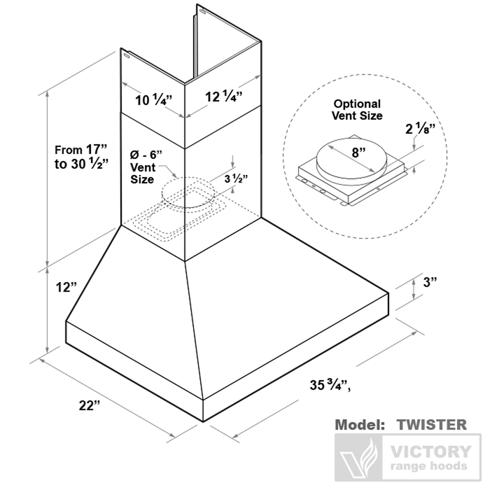 Hotte de cuisinière murale Victory de 36 po et de 750 pi3/min en acier inoxydable - Twister-36