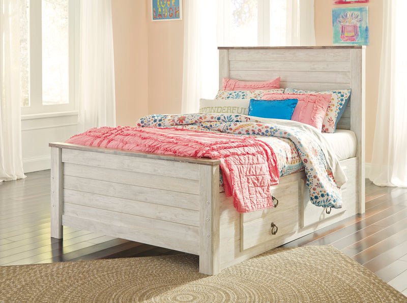 Lit plateforme de rangement Willowton pour enfants avec tête de lit et cadre de lit, blanchi - format lit double