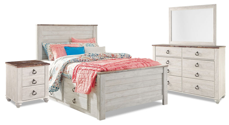 Ensemble de chambre à coucher Willowton 6 pièces avec lit plateforme de rangement, commode, miroir et table de nuit, blanchi - lit double