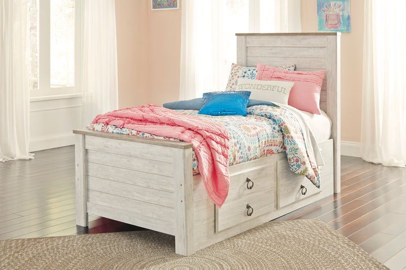 Lit plateforme de rangement Willowton pour enfants avec tête de lit et cadre de lit, blanchi - format lit simple