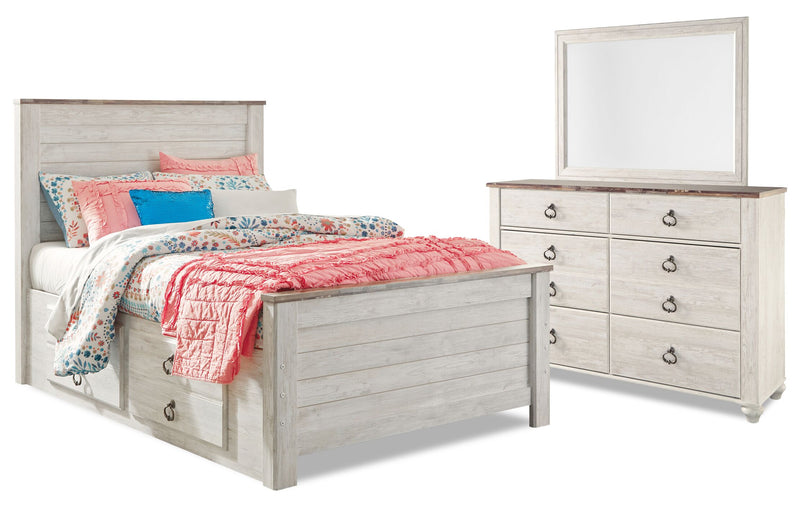 Ensemble de chambre à coucher Willowton 5 pièces avec lit plateforme de rangement, commode et miroir, blanchi - format lit simple