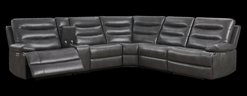 Sofa sectionnel à inclinaison électrique Zayne 6 pièces en tissu d’apparence cuir avec console et ports de recharge USB - gris