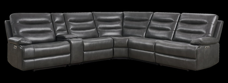 Sofa sectionnel à inclinaison électrique Zayne 6 pièces en tissu d’apparence cuir avec console et ports de recharge USB - gris