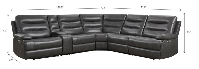Sofa sectionnel à inclinaison électrique Zayne 6 pièces en tissu d’apparence cuir avec console et ports de recharge USB - gris