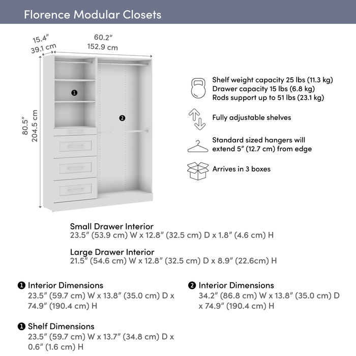 Système de garde-robe et pièce-penderie modulaire Florence de Bestar de 61 po avec tringles, tablettes et tiroirs de style Shaker - blanc