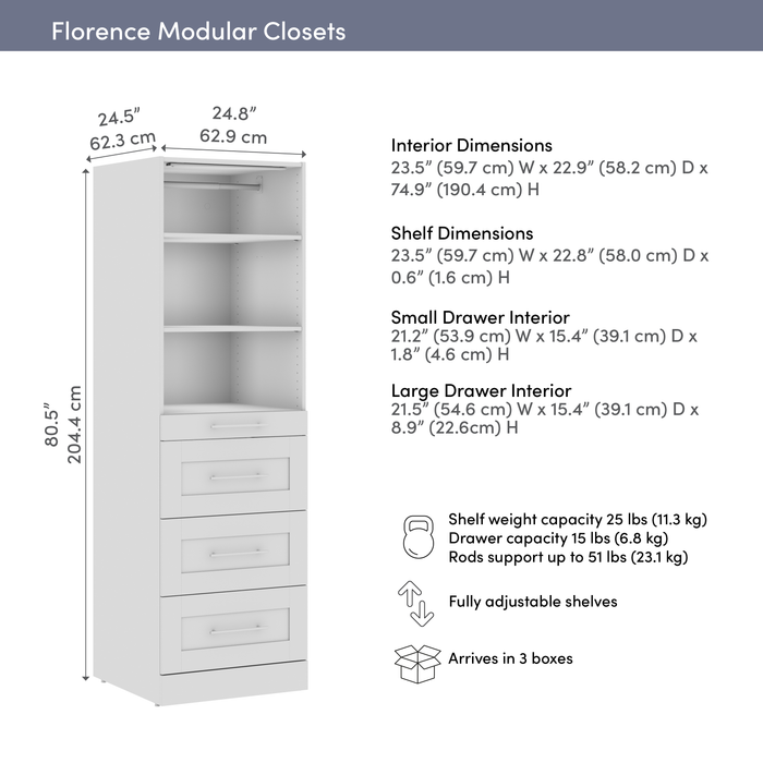 Système de tour garde-robe et pièce-penderie modulaire Florence de Bestar de 25 po avec éclairage à DEL, tablettes et 4 tiroirs de style Shaker - blanche