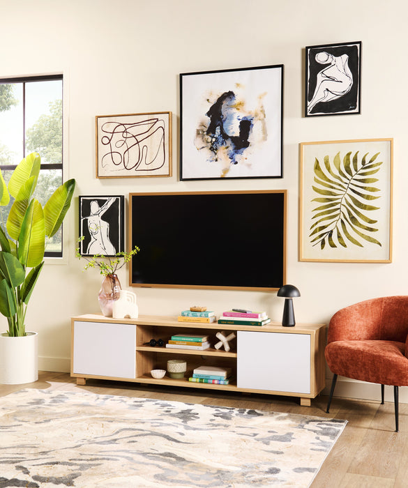 Meuble pour téléviseur Aiden de Kort & Co. de 72 po avec rangement et système de gestion des câbles pour téléviseurs jusqu’à 80 po - naturel et blanc