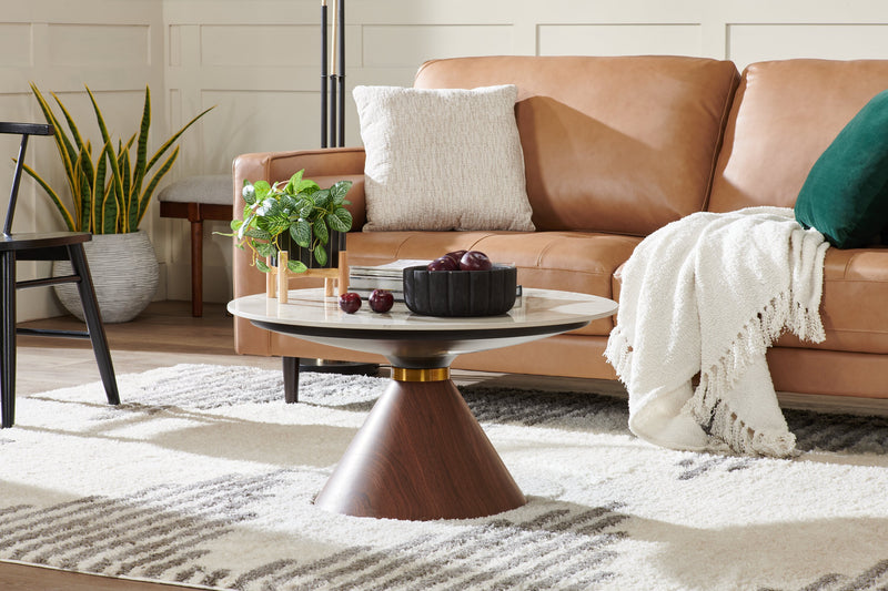 Table à café ronde moderne Alwin de 31,5 po avec dessus en pierre frittée blanche - brune