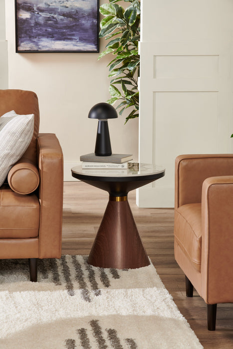 Table de bout ronde moderne Alwin de 19,5 po avec dessus en pierre frittée blanche - brune