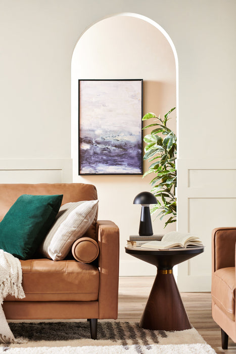 Table de bout ronde moderne Alwin de 19,5 po avec dessus en pierre frittée blanche - brune