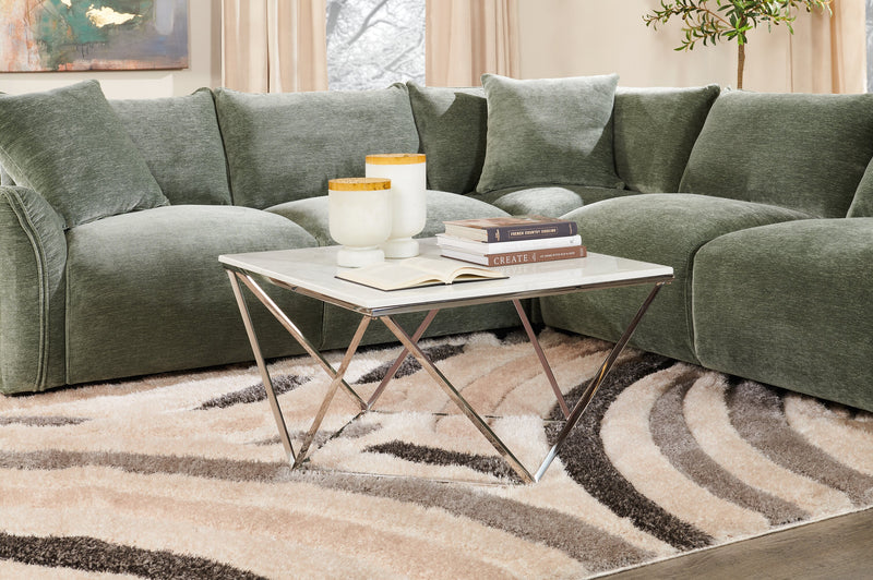 Table à café carrée moderne Amanda de 31,5 po - dessus en marbre blanc avec base en métal chromé