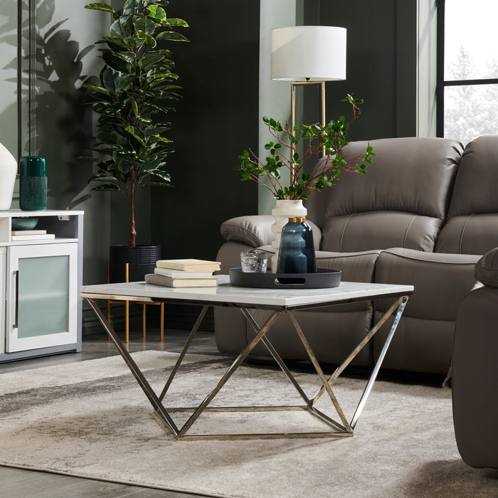 Table à café carrée moderne Amanda de 31,5 po - dessus en marbre blanc avec base en métal chromé