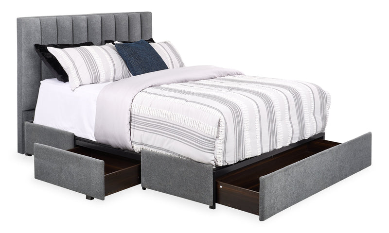 Lit de rangement Amos rembourré en tissu anthracite avec tête de lit à canaux et 3 tiroirs intégrés - format grand lit