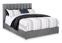  Lit de rangement Amos rembourré en tissu anthracite avec tête de lit à canaux et 3 tiroirs intégrés - format grand lit