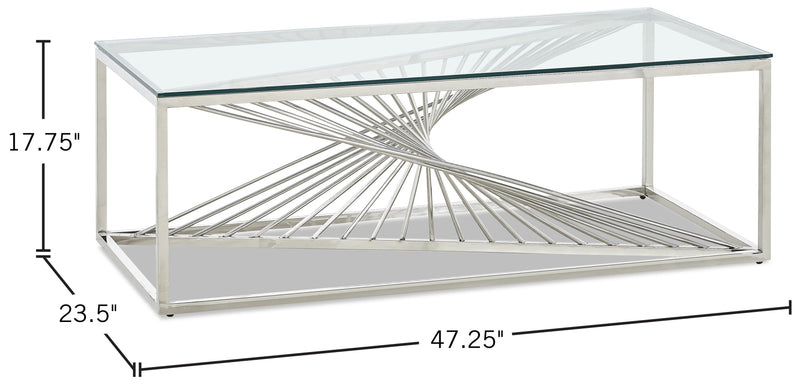 Table à café moderne Andreas de 47,25 po avec dessus en verre - argentée avec base en métal chromé