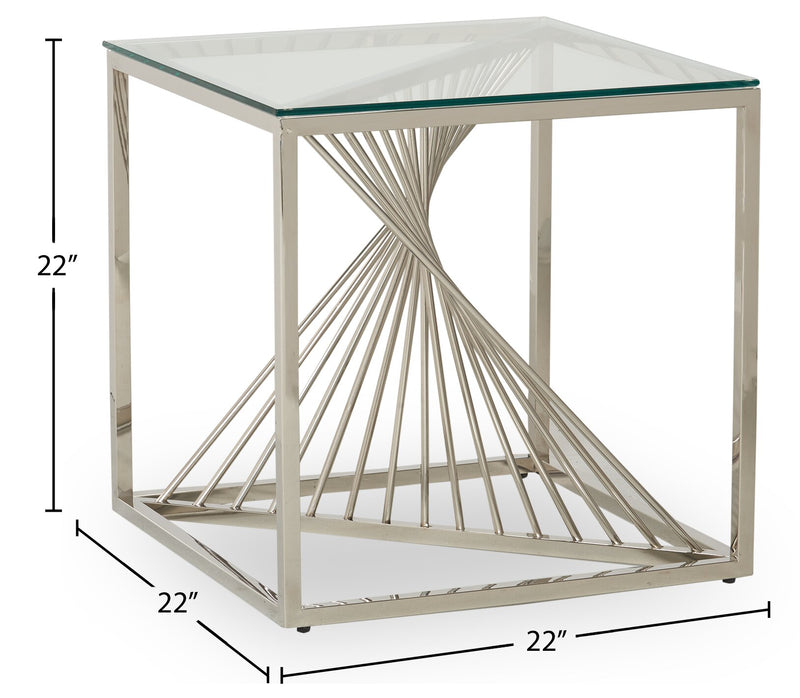 Table de bout moderne Andreas de 22 po avec dessus en verre - argentée avec base en métal chromé