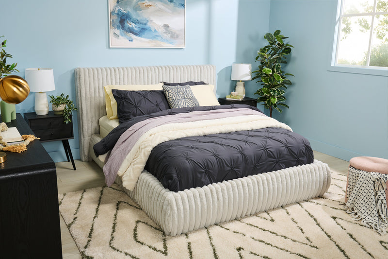 Lit plateforme rembourré Aria en tissu gris capitonné - format grand lit