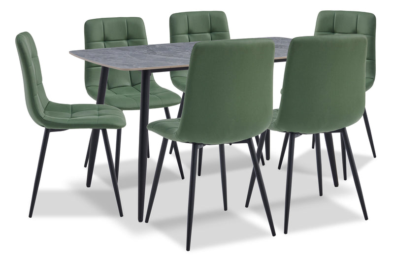 Ensemble de salle à manger Arlo 7 pièces en pierre frittée et métal avec table de 55 po (L) et 6 chaises vertes - vert, gris et noir