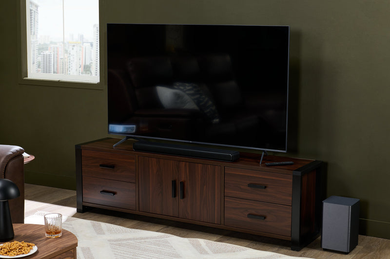 Meuble pour téléviseur moderne Ashton de 70 po avec rangement et système de gestion des câbles pour téléviseurs jusqu’à 80 po - noyer foncé et espresso