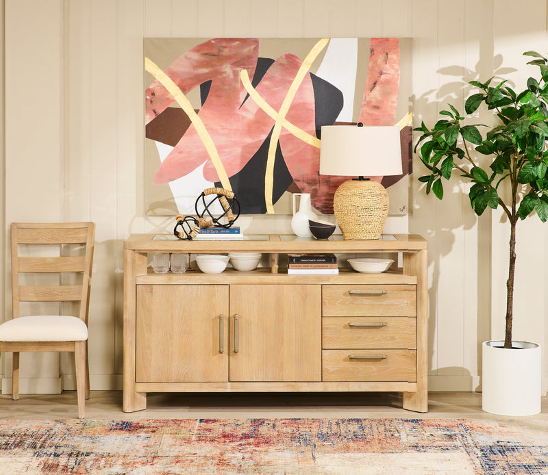 Desserte de salle à manger Aspen de 64 po (L) avec supports à vin et à verres à pied, 3 tiroirs et 2 portes - naturelle