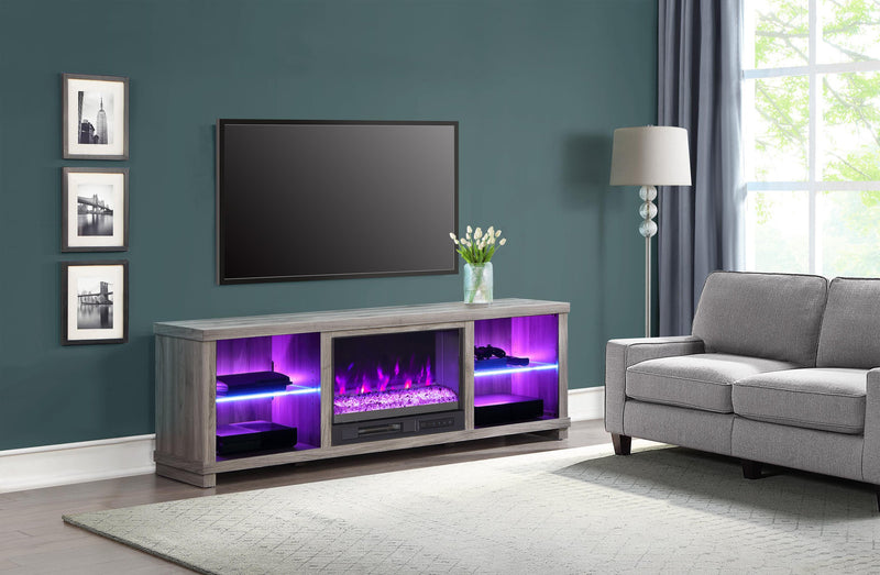 Meuble pour téléviseur moderne Aurora de 72 po avec foyer électrique, rangement et système de gestion des câbles pour téléviseurs jusqu’à 80 po - gris cendré