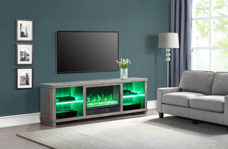 Meuble pour téléviseur moderne Aurora de 72 po avec foyer électrique, rangement et système de gestion des câbles pour téléviseurs jusqu’à 80 po - gris cendré