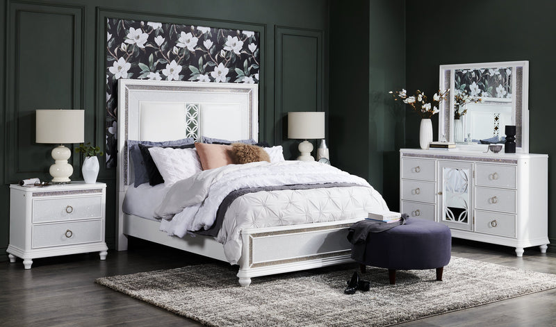 Table de nuit somptueuse Ava de 32,5 po (L) x 28 po (H) à 2 tiroirs avec éclairage à DEL - blanche