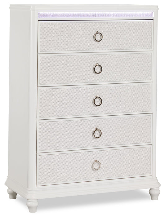 Commode verticale somptueuse Ava de 40,5 po (L) x 54,1 po (H) à 5 tiroirs avec éclairage à DEL pour la chambre à coucher - blanche