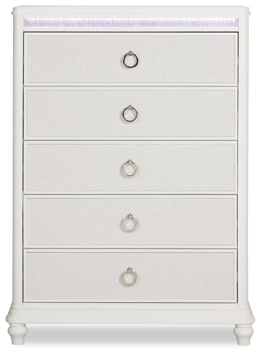 Commode verticale somptueuse Ava de 40,5 po (L) x 54,1 po (H) à 5 tiroirs avec éclairage à DEL pour la chambre à coucher - blanche