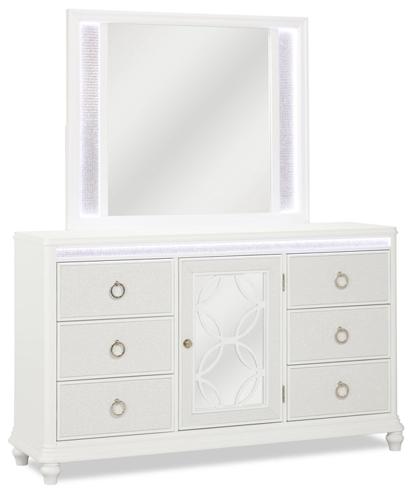 Commode somptueuse Ava de 67 po (L) x 39 po (H) à 7 tiroirs avec éclairage à DEL pour la chambre à coucher - blanche