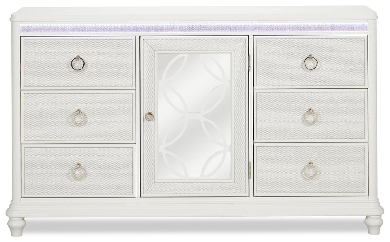 Commode somptueuse Ava de 67 po (L) x 39 po (H) à 7 tiroirs avec éclairage à DEL pour la chambre à coucher - blanche