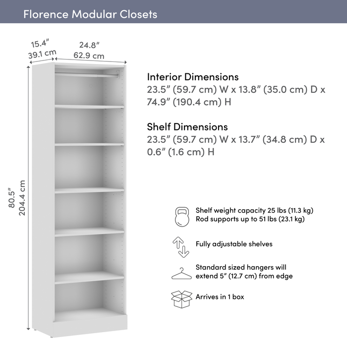 Système de garde-robe et pièce-penderie modulaire Florence de Bestar de 25 po avec tablettes - blanc