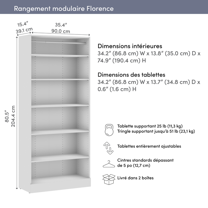 Système de garde-robe et pièce-penderie modulaire Florence de Bestar de 35 po avec tablettes - blanc